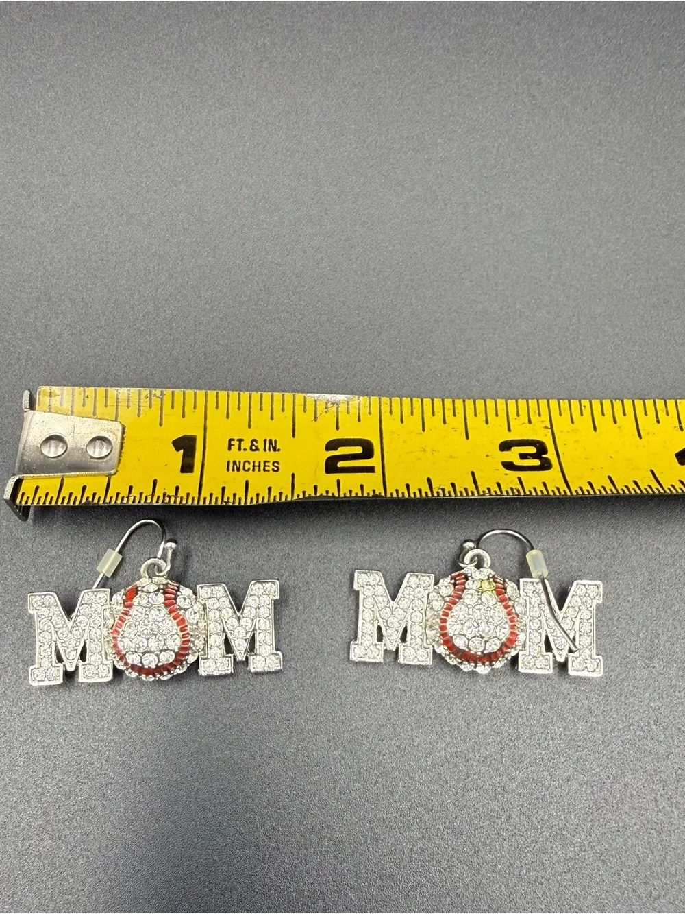 Sparkling MOM Baseball dangles Earrings with Red Accent